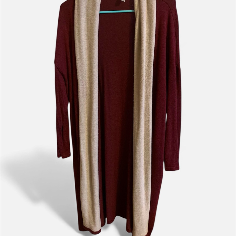 Emerald Women’s Burgundy Open Front Light Colored Panel Longline Cardigan, Sz M